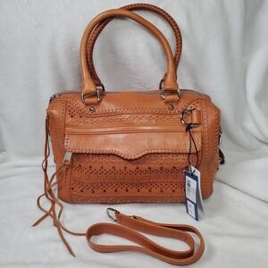 REBECCA MINKAFF Leather Satchel Mab Mini Bombe Perforated Designer Caramel Bead